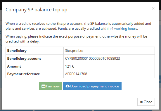 Payment via Pay Now button and pro forma invoice